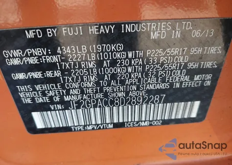 2013 Subaru Xv Crosstrek 2.0I Premium из США, поврежденный, VIN JF2GPACC8D2892287